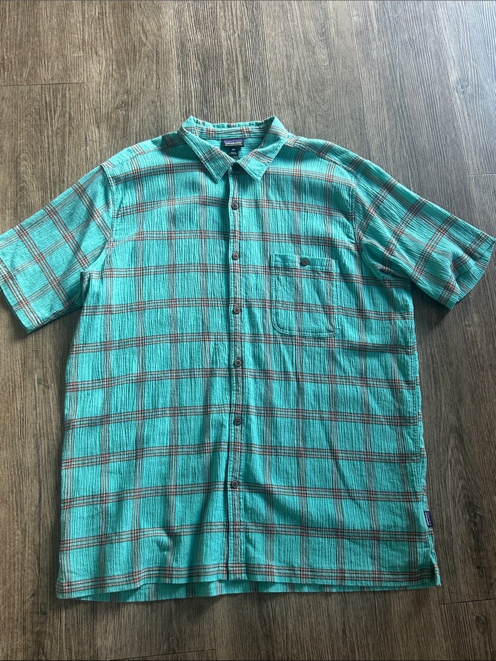 Patagonia Men (XXL) AC Turquoise Plaid Short-Sleeve Shirt Organic Cotton